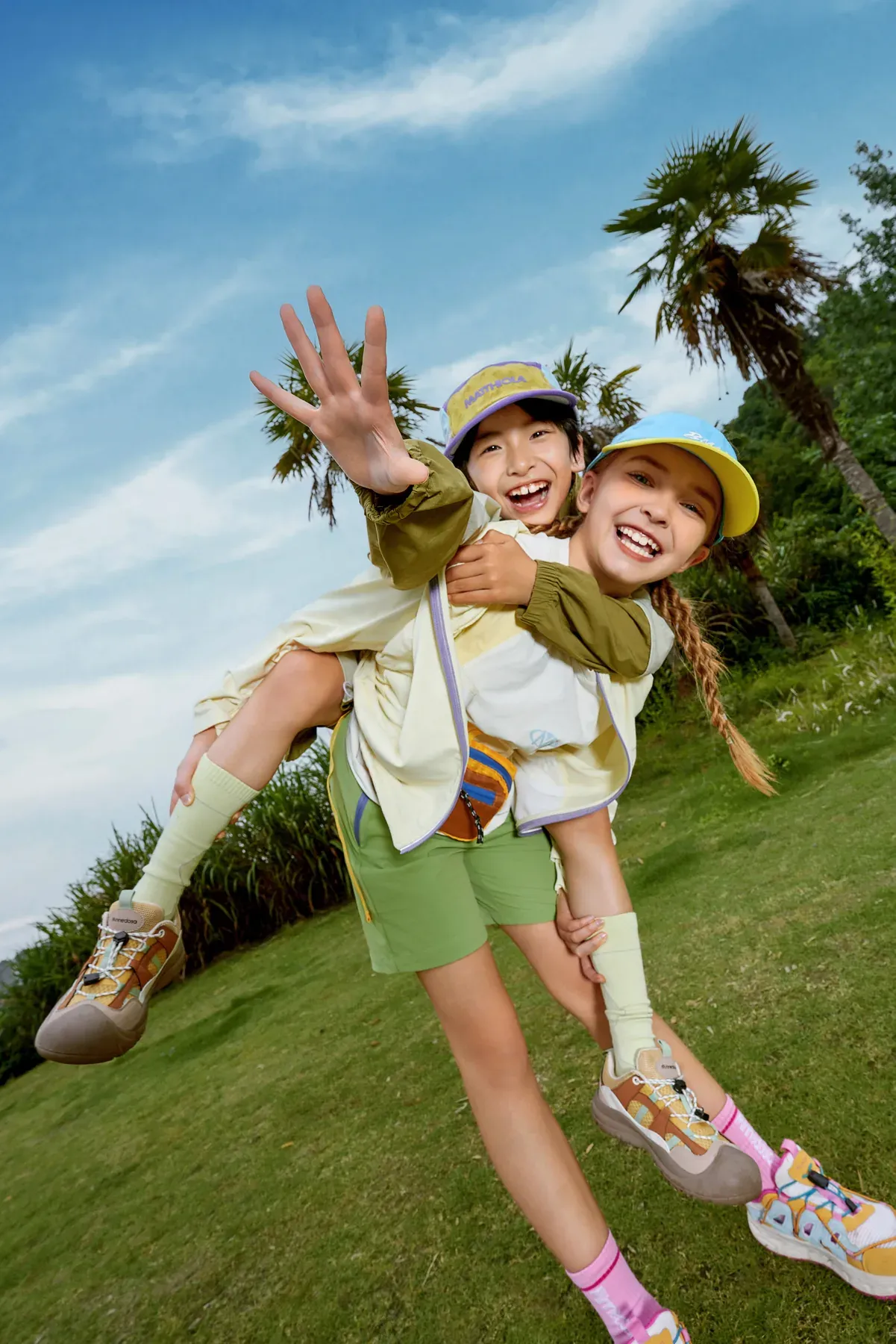 A family sharing a playful piggyback moment outdoors